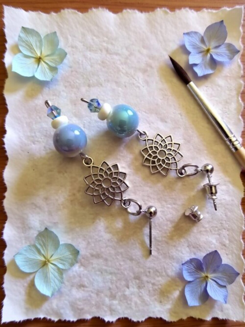 Handmade: Blue & Cream Beaded Dangle Earrings w. Lotus Charm - Feminine Essence